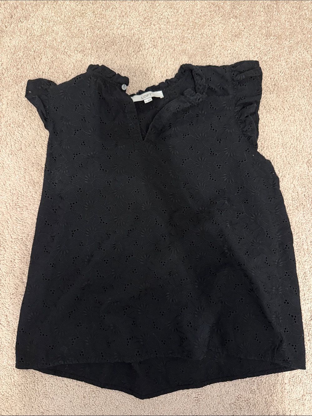 LOFT Black Eyelet Cap-Sleeve V-Notch Blouse